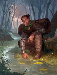 1boy absurdres bedroll boots brown_footwear brown_hair brown_pants brown_vest cape day dungeons_&amp;_dragons forest grass green_cape green_eyes grey_shirt highres lily_pad male_focus nature outdoors pants river shirt solo squatting topknot tree vambraces vest water wth153