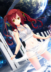 Rule 34 | 1girl, bikini, black bikini, breasts, brown eyes, cleavage, dress, dutch angle, earth (planet), hair ribbon, highres, kouji (astral reverie), long hair, looking at viewer, medium breasts, navel, original, planet, purple bikini, red hair, ribbon, see-through, skirt hold, sleeveless, sleeveless dress, solo, sundress, swimsuit, swimsuit under clothes, twintails, two side up, wading, white dress, yellow ribbon