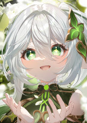 Rule 34 | 1girl, :d, absurdres, bare shoulders, blurry, blurry background, commentary, dress, eyelashes, genshin impact, gradient hair, green dress, green eyes, green hair, hair between eyes, hair ornament, hands up, highres, kkopoli, light blush, multicolored hair, nahida (genshin impact), open mouth, pointy ears, portrait, side ponytail, sidelocks, sleeveless, sleeveless dress, smile, solo, symbol-only commentary, symbol-shaped pupils, two-tone hair, white hair