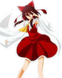 Rule 34 | 1girl, bad id, bad pixiv id, bow, brown hair, detached sleeves, din (artist), din (flypaper), female focus, hair bow, hakurei reimu, japanese clothes, long hair, miko, one eye closed, red eyes, salute, smile, solo, touhou, two-finger salute, wink