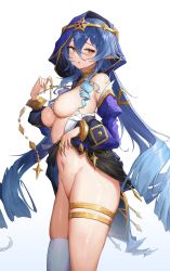 Rule 34 | 1girl, absurdres, bare shoulders, blue hair, bottomless, breasts, brown eyes, commentary request, cowboy shot, detached sleeves, genshin impact, groin, hair between eyes, hand up, highres, juliet sleeves, kiriko (araragikoyomi), layla (genshin impact), long hair, long sleeves, looking at viewer, medium breasts, navel, parted lips, pointy ears, puffy sleeves, single thighhigh, solo, standing, stomach, thighhighs, thighlet, thighs, veil, very long hair