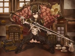 Rule 34 | 1girl, blush, boots, brown eyes, brown hair, clock, couch, cup, gloves, hat, highres, long hair, looking at viewer, original, panties, pantyshot, phonograph, pillow, plate, ricci, sitting, skirt, smile, solo, sword, teacup, teapot, thigh boots, thighhighs, typewriter, underwear, upskirt, weapon, white panties