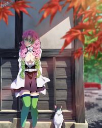 1girl architecture belt belt_buckle black_skirt breasts buckle cat cleavage demon_slayer_uniform east_asian_architecture green_eyes green_hair green_thighhighs hana_ni_nare highres kanroji_mitsuri kimetsu_no_yaiba long_hair looking_to_the_side multicolored_hair pink_hair signature skirt solo standing thighhighs white_belt