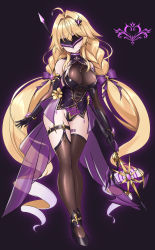 Rule 34 | 1girl, absurdres, azur lane, black background, black footwear, black gloves, black mask, blonde hair, braid, brown leotard, brown thighhighs, budesonide, corruption, covered erect nipples, dark persona, detached sleeves, eye mask, full body, gloves, glowing, hair ornament, high heels, highres, holding, holding polearm, holding weapon, le temeraire (azur lane), leotard, long hair, looking at viewer, polearm, pubic tattoo, purple ribbon, ribbon, shoes, simple background, solo, tattoo, thigh strap, thighhighs, twin braids, twintails, underbust, very long hair, weapon