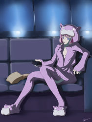 Rule 34 | 00s, animal costume, baiola, breasts, cleavage, controller, couch, food, highres, hood, legs, macross, macross frontier, mouth hold, pajamas, pocky, remote control, sheryl nome, sitting, solo, thighhighs