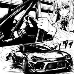Rule 34 | 1girl, bow, car, car interior, collared shirt, drifting, greyscale, hair behind ear, hair between eyes, highres, looking at viewer, monochrome, motor vehicle, multiple views, nissan, nissan s15 silvia, nissan silvia, nougat (73r1r1), open mouth, original, shadow, shirt, smoke, sound effects, twintails, vehicle focus