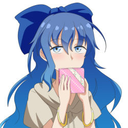 Rule 34 | 1girl, bangle, blue bow, blue eyes, blue hair, blush, bow, box, bracelet, cato (monocatienus), commentary request, drawstring, grey hoodie, hair between eyes, hair bow, hands up, holding, holding box, hood, hoodie, jewelry, long hair, looking at viewer, short sleeves, sidelocks, simple background, solo, touhou, upper body, white background, yorigami shion