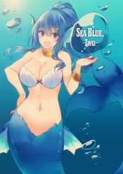Rule 34 | 1girl, :d, absurdres, animal ears, bad id, bad pixiv id, bikini, blue background, blue hair, blush, bracelet, breasts, bubble, collar, day, earrings, fang, fins, hair between eyes, hair ornament, hairclip, hand on own hip, head fins, highres, jewelry, large breasts, long hair, looking at viewer, mermaid, monster girl, navel, open mouth, original, ponytail, purple eyes, shell, shell bikini, smile, solo, submerged, suruga (xsurugax), swimsuit, underwater