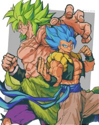 Rule 34 | 2boys, abs, absurdres, angry, arm up, artist name, baggy pants, bare shoulders, black sash, black vest, black wristband, blue eyes, blue hair, broly (dragon ball super), cape, clenched hand, clenched teeth, closed mouth, cowboy shot, dragon ball, dragon ball super, dragon ball super broly, facial scar, fighting stance, fur cape, gogeta, green cape, green hair, grey background, hand up, highres, legendary super saiyan, looking at viewer, male focus, metamoran vest, multiple boys, muscular, muscular male, open clothes, open vest, pants, pectorals, profile, relio db318, sash, scar, scar on cheek, scar on chest, scar on face, scar on stomach, simple background, smile, smirk, spiked hair, super saiyan, super saiyan blue, teeth, topless male, twitter username, two-tone background, v-shaped eyebrows, veins, vest, waist cape, white background, white pants, wristband