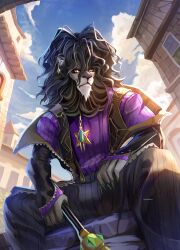 Rule 34 | 1boy, absurdres, alolin (pazuzu) (dislyte), black jacket, claws, cloud, commentary, dislyte, earrings, english commentary, etrosamu, furry, furry male, highres, holding, holding mace, holding weapon, jacket, jewelry, lion boy, looking to the side, male focus, purple shirt, shirt, sky, solo, weapon