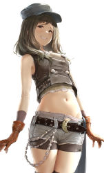 Rule 34 | 1girl, absurdres, akita hika, belt, bike shorts, bike shorts under shorts, black belt, black hat, breasts, brown eyes, brown gloves, brown hair, chain, clenched teeth, commentary request, final fantasy, final fantasy vii, final fantasy vii remake, gloves, hat, highres, kyrie canaan, looking at viewer, midriff, navel, short hair, short shorts, shorts, simple background, sleeveless, small breasts, solo, square enix, teeth, white background