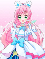 Rule 34 | 1girl, :d, artist name, ascot, bow, braid, brooch, cowboy shot, cure prism, dress, dress bow, earrings, elbow gloves, french braid, gloves, green eyes, hair bow, highres, hirogaru sky! precure, holding, ichico mkmk, jewelry, layered dress, long hair, looking at viewer, magical girl, mirage pen, nijigaoka mashiro, open mouth, pink hair, precure, side braid, signature, single earring, sleeveless, sleeveless dress, smile, solo, standing, twin braids, very long hair, white ascot, white bow, white dress, white gloves, wing brooch