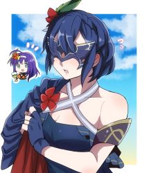 Rule 34 | 2girls, beach, bikini, bikini top only, blue hair, breasts, capelet, chibi, chibi inset, cleavage, commentary request, fire emblem, fire emblem: path of radiance, fire emblem: radiant dawn, fire emblem awakening, fire emblem heroes, green eyes, lucina (fire emblem), marth (fire emblem awakening), mask, mia (fire emblem), multiple girls, nintendo, open mouth, purple hair, rem (eyes 410), short hair, small breasts, swimsuit, upper body