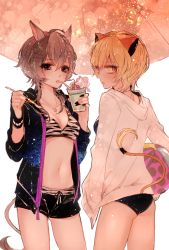 Rule 34 | 2girls, animal ears, bad id, bad pixiv id, bikini, black bikini, blonde hair, breasts, brown hair, cat ears, cat tail, cleavage, copyright request, cup, drinking glass, food, hair ornament, hairclip, holding, holding cup, hood, hooded jacket, ice cream, ice cream spoon, jacket, jewelry, laina (show by rock!!), long sleeves, looking at viewer, looking back, mamaloni, medium breasts, multiple girls, necklace, parasol, purple eyes, short hair, show by rock!!, simple background, slit pupils, spoon, standing, straw, striped bikini, striped clothes, swimsuit, tail, umbrella, white background, white jacket, yellow eyes