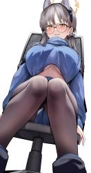 Rule 34 | 1girl, animal ears, blue archive, blue sweater, blush, breasts, cat ears, chair, cropped sweater, ddangbi, fake animal ears, glasses, grey hair, grey pantyhose, halo, highres, large breasts, long hair, looking at viewer, moe (blue archive), office chair, pantyhose, round eyewear, simple background, sitting, solo, sweatdrop, sweater, swivel chair, turtleneck, turtleneck sweater, twintails, underboob, white background, yellow halo