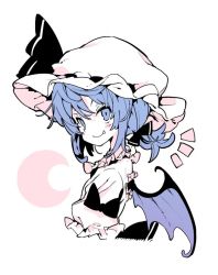 Rule 34 | 1girl, alternate color, alternate eye color, alternate hairstyle, bat wings, blue eyes, blue hair, blush, bow, crescent, fang, fang out, female focus, hair bow, hat, hat ribbon, looking at viewer, low ponytail, matching hair/eyes, mob cap, morino hon, portrait, puffy sleeves, remilia scarlet, ribbon, short hair, short sleeves, simple background, smile, solo, touhou, white background, wings
