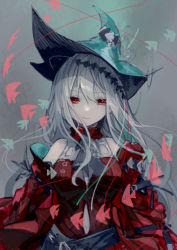 Rule 34 | 1girl, absurdres, angelfish, arknights, ascot, bare shoulders, closed mouth, clothing cutout, commentary, dress, fish, green hat, grey ascot, grey background, grey hair, hair ornament, hat, highres, long hair, long sleeves, looking at viewer, miike (992058), navel cutout, red dress, red eyes, shoulder cutout, simple background, skadi (arknights), skadi the corrupting heart (arknights), sketch, smile, solo, upper body