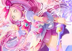 Rule 34 | 1girl, absurdres, blurry, blurry background, bow, brooch, brown eyes, closed mouth, cure blossom, dress, floating hair, hair bow, hanasaki tsubomi, heart, heart brooch, heartcatch precure!, high ponytail, highres, holding, holding staff, jewelry, layered dress, long hair, pink hair, precure, red bow, short dress, short sleeves, smile, solo, staff, swept bangs, v, very long hair, white dress, yuutarou (fukiiincho)