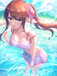 1girl bikini bikini_skirt blush breasts brown_hair cleavage clenched_hand collarbone embarrassed feet_out_of_frame foreshortening hair_ribbon highres idolmaster idolmaster_shiny_colors jewelry kurageso large_breasts long_sidelocks necklace o-ring o-ring_bikini o-ring_top open_mouth osaki_tenka outdoors pink_ribbon plaid_ribbon ponytail ribbon sidelocks sketch_background skirt skirt_tug solo standing star_(symbol) star_necklace swept_bangs swimsuit white_bikini yellow_eyes