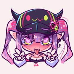 Rule 34 | 1girl, absurdres, barbell piercing, baseball cap, black hat, black tank top, breasts, chibi, cleavage, collarbone, commentary, cropped torso, demon girl, double v, ear piercing, fake horns, fang, green eyes, hat, heart, heart-shaped pupils, highres, hololive, horned headwear, horns, industrial piercing, long hair, looking at viewer, piercing, pink hair, pointy ears, purple hair, sidelocks, skin fang, solo, spike piercing, symbol-shaped pupils, tank top, tokoyami towa, tokoyami towa (1st costume), tongue, tongue out, touya sketch, twintails, v, virtual youtuber, white background