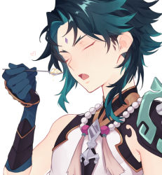 Rule 34 | 1boy, aqua hair, armor, asymmetrical clothes, bead necklace, beads, black hair, eating, closed eyes, facial mark, fang, food, forehead mark, genshin impact, gloves, heart, holding, holding spoon, jewelry, male focus, multicolored hair, necklace, open mouth, shoulder armor, simple background, solo, spoon, suke 81, white background, xiao (genshin impact)