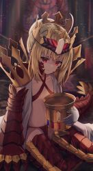 Rule 34 | 1girl, armored legwear, blonde hair, bomberca309, braid, breasts, chalice, crown, cup, dragon claw, dragon tail, facial mark, fate/grand order, fate/grand order arcade, fate (series), french braid, chalice, hair intakes, highres, holy grail (fate), navel, nero claudius (fate), nero claudius (fate) (all), queen draco (fate), queen draco (second ascension) (fate), red eyes, revealing clothes, robe, scales, shoulder plates, sitting, small breasts, solo, tail, white gemstone, white robe