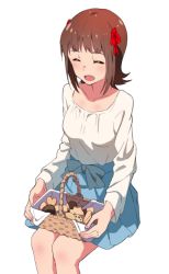 Rule 34 | 1girl, amami haruka, bad id, bad pixiv id, basket, blush, brown hair, cookie, closed eyes, food, hair ribbon, idolmaster, idolmaster (classic), open mouth, red10, ribbon, sitting, solo, white background