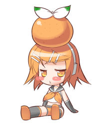 Rule 34 | 1girl, alternate color, amasa mitsunaru, black sleeves, black thighhighs, blush, chibi, closed mouth, commentary request, crop top, detached sleeves, food, food on head, fruit, fruit on head, full body, hair ornament, hairclip, headphones, kagamine rin, looking to the side, mandarin orange, midriff, o3o, object on head, orange eyes, orange footwear, orange hair, orange neckwear, orange shorts, sailor collar, short hair, shorts, simple background, sitting, solo, thighhighs, vocaloid, white background