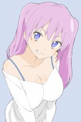 Rule 34 | &gt;:), 1girl, absurdres, bad id, bad twitter id, blue background, blue eyes, bra strap, breasts, cleavage, close-up, copyright request, donguri suzume, grin, head tilt, highres, large breasts, long hair, long sleeves, looking at viewer, pink hair, simple background, smile, solo, sweater, upper body, v-shaped eyebrows, white sweater