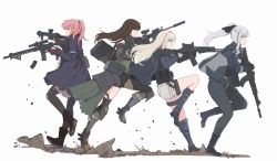 Rule 34 | 4girls, ak-12, ak-12 (girls&#039; frontline), an-94 (girls&#039; frontline), assault rifle, blonde hair, brown hair, capelet, defy (girls&#039; frontline), detached sleeves, dual wielding, elbow pads, girls&#039; frontline, gloves, gun, highres, holding, holding gun, holding weapon, kalashnikov rifle, long hair, m4a1 (girls&#039; frontline), m4a1 (mod3) (girls&#039; frontline), mod3 (girls&#039; frontline), multiple girls, pantyhose, pink hair, ponytail, pouch, rifle, running, selby, short shorts, shorts, single thighhigh, st ar-15 (girls&#039; frontline), st ar-15 (mod3) (girls&#039; frontline), suppressor, thighhighs, trigger discipline, weapon, white background, white hair