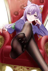 Rule 34 | 1girl, absurdres, armchair, chair, crossed legs, feet, fingernails, genshin impact, highres, keqing (genshin impact), light purple hair, long hair, looking at viewer, nail polish, pantyhose, parted lips, presenting foot, purple eyes, purple nails, sitting, soles, toe seam, toes