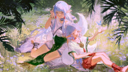 Rule 34 | 2girls, animal ears, anklet, barefoot, blue butterfly, bracelet, bug, butterfly, choker, commentary, dress, english commentary, field, flower, flower field, fox tail, grass, hair tubes, hand up, highres, insect, isha (ys), jewelry, kei (keiuu), leaf, leg warmers, long hair, looking at viewer, multiple girls, necklace, olha (ys), on grass, open mouth, outdoors, parted lips, pendant, pointy ears, purple eyes, purple flower, red skirt, sandals, shirt, short hair, short sleeves, sidelocks, sitting, skirt, smile, tail, water, white dress, white hair, white shirt, yokozuwari, ys