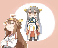 Rule 34 | 10s, 2girls, ahoge, apupuru, black hair, brown eyes, brown hair, crossed arms, crying, crying with eyes open, closed eyes, failure penguin, haruna (kancolle), headgear, kantai collection, kongou (kancolle), long hair, multiple girls, nontraditional miko, pink background, pleated skirt, ribbon-trimmed sleeves, ribbon trim, skirt, tears