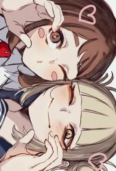 2girls blonde_hair blunt_bangs blush_stickers boku_no_hero_academia brown_eyes brown_hair closed_mouth commentary hair_bun heart highres mofubii multiple_girls one_eye_closed portrait pursed_lips short_hair sideways smile symbol-only_commentary toga_himiko uraraka_ochako yellow_eyes