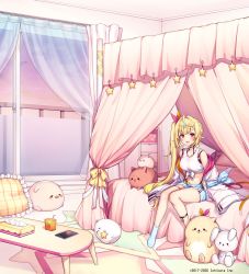 Rule 34 | 1girl, :d, ahoge, bare shoulders, bed, black choker, blonde hair, blue shorts, breasts, canopy bed, choker, crop top, curtains, front-tie top, hair ornament, hair ribbon, heterochromia, highleg, highres, hoshikawa sara, indoors, jacket, komeshiro kasu, large breasts, long hair, long sleeves, looking at viewer, midriff, navel, nijisanji, off shoulder, on bed, open clothes, open jacket, open mouth, red eyes, ribbon, shirt, short shorts, shorts, side ponytail, sitting, sleeveless, sleeveless shirt, sleeves past fingers, sleeves past wrists, smile, socks, solo, stomach, stuffed animal, stuffed toy, table, tank top, thigh strap, thighs, very long hair, virtual youtuber, white jacket, white shirt, white socks, window, x hair ornament, yellow eyes