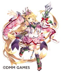 Rule 34 | blonde hair, copyright name, detached sleeves, flower, green eyes, hair flower, hair ornament, kamei (oshiro project), matoki misa, official art, oshiro project:re, oshiro project:re, polearm, solo, spear, weapon, white background