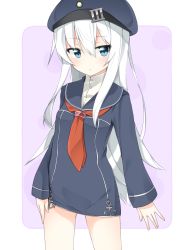Rule 34 | 1girl, :&lt;, alternate costume, alternate headwear, anchor, blue eyes, blush, breasts, cosplay, dress, hair between eyes, hat, hibiki (kancolle), highres, kantai collection, long hair, long sleeves, looking at viewer, neckerchief, peaked cap, rateratte, sailor collar, sailor dress, sailor hat, silver hair, small breasts, solo, uniform, z1 leberecht maass (kancolle) (cosplay), z1 leberecht maass (kancolle)