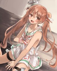 Rule 34 | 10s, 1girl, brown eyes, brown hair, chibirisu, dark-skinned female, dark skin, dress, hat, highres, kantai collection, libeccio (kancolle), long hair, open mouth, ribbon, sailor dress, sitting, smile, solo, twintails