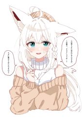 Rule 34 | 1girl, ahoge, animal ear fluff, animal ears, blush, braid, commentary request, ear down, earrings, flying sweatdrops, fox ears, fox girl, green eyes, hair between eyes, hibarino tuyuri, highres, hololive, index finger raised, jewelry, long hair, looking at viewer, off-shoulder sweater, off shoulder, open mouth, shirakami fubuki, shirt, sidelocks, simple background, single braid, sleeveless, sleeveless shirt, solo, sweatdrop, sweater, translation request, twitter username, virtual youtuber, white background, white hair, white shirt, yellow headwear, yellow sweater