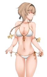 Rule 34 | 1girl, bad id, bad pixiv id, bikini, braid, breasts, clothes writing, cowboy shot, closed eyes, front-tie bikini top, front-tie top, hachimaki, hair ornament, headband, highres, kantai collection, light brown hair, long hair, medium breasts, navel, nn tasu, propeller hair ornament, side-tie bikini bottom, simple background, solo, standing, swimsuit, teruzuki (kancolle), twin braids, white background, white bikini