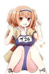Rule 34 | 10s, 1girl, bad anatomy, breasts, brown eyes, hairband, highres, i-26 (kancolle), kantai collection, large breasts, light brown hair, long hair, mazeru (jisjifin), name tag, new school swimsuit, open clothes, open mouth, poorly drawn, sailor collar, school swimsuit, short sleeves, smile, solo, swimsuit, swimsuit under clothes, two side up
