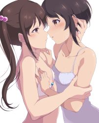 Rule 34 | 2girls, bad id, bad pixiv id, bare shoulders, bikini, black hair, blue one-piece swimsuit, blush, grabbing another&#039;s breast, brown eyes, brown hair, collarbone, covered erect nipples, ear blush, eye contact, face-to-face, flat chest, grabbing, hair bobbles, hair ornament, hand on another&#039;s arm, hand on another&#039;s head, hand on another&#039;s shoulder, hands up, head tilt, highres, imminent kiss, kurosa kichi, long hair, looking at another, multiple girls, one-piece swimsuit, parted lips, photokano, sakura mai (photokano), short hair, sidelocks, simple background, sweat, swimsuit, twintails, white background, white bikini, yuri