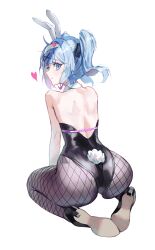 Rule 34 | 1girl, absurdres, animal ears, ass, bare shoulders, black leotard, blue eyes, blue hair, commentary, detached collar, dotthebot, fake animal ears, hair ornament, hatsune miku, highres, leotard, looking at viewer, open mouth, pantyhose, playboy bunny, rabbit ears, rabbit hole (vocaloid), smile, solo, teardrop facial mark, twintails, vocaloid, x hair ornament