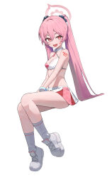 Rule 34 | 1girl, absurdres, blue archive, blush, breasts, cheerleader, clothes writing, detached collar, fang, full body, halo, halterneck, highres, koyuki (blue archive), long hair, looking at viewer, lovelyme, millennium cheerleader outfit (blue archive), open mouth, pink eyes, pink hair, pink halo, shoes, simple background, skin fang, skirt, small breasts, smile, socks, solo, star-shaped pupils, star (symbol), symbol-shaped pupils, twintails, white background, white footwear, white skirt, white socks