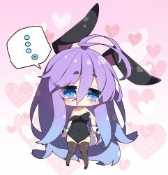 Rule 34 | ..., 1girl, animal ears, antenna hair, bare shoulders, big head, black footwear, black leotard, black thighhighs, blue eyes, blue hair, breasts, chibi, commentary request, covered navel, fake animal ears, full body, fuyou-chan, gradient background, gradient hair, hair between eyes, heart, heart background, highres, large breasts, leotard, milkpanda, multicolored hair, original, pink background, playboy bunny, purple hair, rabbit ears, rabbit tail, short eyebrows, solo, spoken ellipsis, standing, strapless, strapless leotard, tail, thick eyebrows, thighhighs, white background, wrist cuffs