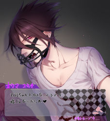 Rule 34 | 1boy, absurdres, beard, brown hair, checkered floor, collarbone, commentary request, danganronpa (series), danganronpa v3: killing harmony, earrings, facial hair, from side, highres, jewelry, knees up, looking at viewer, male focus, momota kaito, muzzle, nanin, open mouth, pants, pink pants, print shirt, purple eyes, purple hair, sharp teeth, shirt, short hair, short sleeves, sitting, smile, solo, spiked hair, teeth, translation request, white shirt
