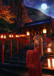 Rule 34 | 1girl, architecture, autumn leaves, blunt bangs, closed mouth, east asian architecture, frown, full moon, gate, grass, hair ornament, hair ribbon, highres, horns, hotateyuki, japanese clothes, kimono, kyoto, lantern, leaf, leaf print, long hair, looking at viewer, maple leaf, moon, mountain, night, night sky, obi, oni, oni horns, original, outdoors, paper lantern, railing, red eyes, red kimono, red ribbon, ribbon, rope, sash, scenery, shide, shimenawa, shinto, short eyebrows, shrine, sidelocks, silver hair, sky, solo, stairs, standing, straight hair, torii, tree, tress ribbon