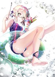 Rule 34 | 1girl, anklet, artoria pendragon (fate), barefoot, black bow, black one-piece swimsuit, blonde hair, bow, braid, fate/grand order, fate (series), feet, food, french braid, glasses, hair bow, highres, ice cream, innertube, jewelry, looking at viewer, mysterious heroine x alter (fate), one-piece swimsuit, parfait, pocky, sho (runatic moon), short hair, simple background, solo, spoon, swim ring, swimsuit, wafer, water, white background, yellow eyes