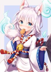 Rule 34 | 1girl, animal ears, bell, black shirt, blue background, blush, commentary request, cowboy shot, food in mouth, fox ears, fox girl, fox tail, green eyes, grey background, hair between eyes, highres, hugging own tail, hugging tail, japanese clothes, jingle bell, kimono, long hair, long sleeves, looking at viewer, mouth hold, nose blush, obi, original, ribbon-trimmed kimono, ribbon-trimmed sleeves, ribbon trim, sakura ani, sash, shirt, shirt tug, short kimono, silver hair, sleeves past wrists, solo, sweat, tail, two-tone background, v-shaped eyebrows, white kimono, wide sleeves