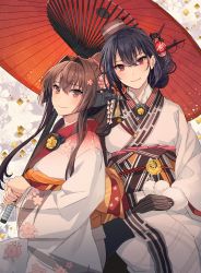 Rule 34 | 2girls, alternate hairstyle, black hair, blush, brown eyes, brown hair, closed mouth, floral print, flower, hair between eyes, hair flower, hair ornament, headgear, highres, holding, holding umbrella, japanese clothes, kantai collection, kasumi (skchkko), kimono, long hair, long sleeves, looking at viewer, multiple girls, nagato (kancolle), official alternate costume, oil-paper umbrella, pink flower, pom pom (clothes), ponytail, print kimono, red eyes, red umbrella, smile, umbrella, upper body, white kimono, wide sleeves, yamato (kancolle)